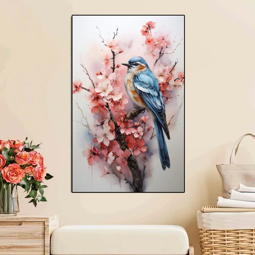 Bird Peach Blue Cute Blossom Flowers 3D Art Canvas Printed Wall Mural Posters Animal Ideal Living Room Modern Home Decor Cuadros smile