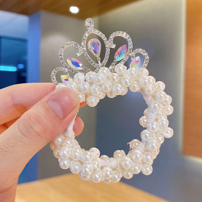 Children's Hair Summer Crown Ring Girl Elastic Hair Bands Scrunchies Rubber Band Pearl Kids Hair Ties Hair Accessories smile