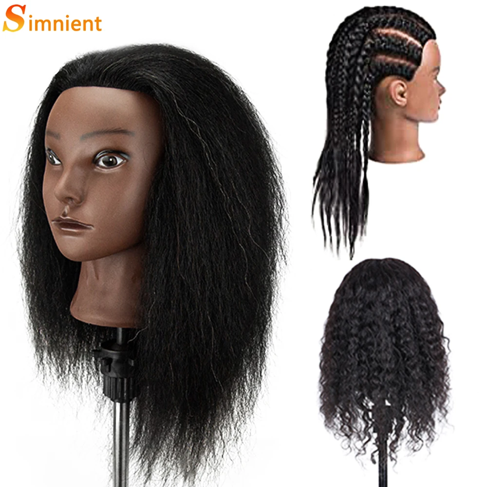 African Mannequin Head 100%Real Hair Hairdresser Training Head With Tripod Manikin Cosmetology Doll Head For Braiding Styling