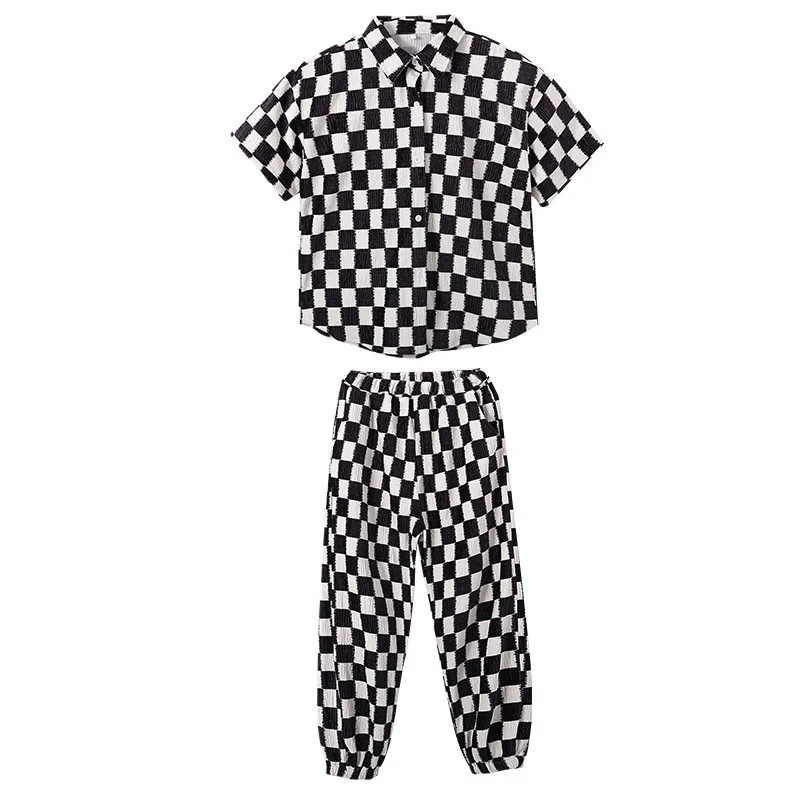 Clothing Hop Kid Hip Black Checkered Shirt Short Sleeve Top ddmysmile Streetwear Baggy Jogger Pants For Girl Boy Dance Costume Clothes Set Smile