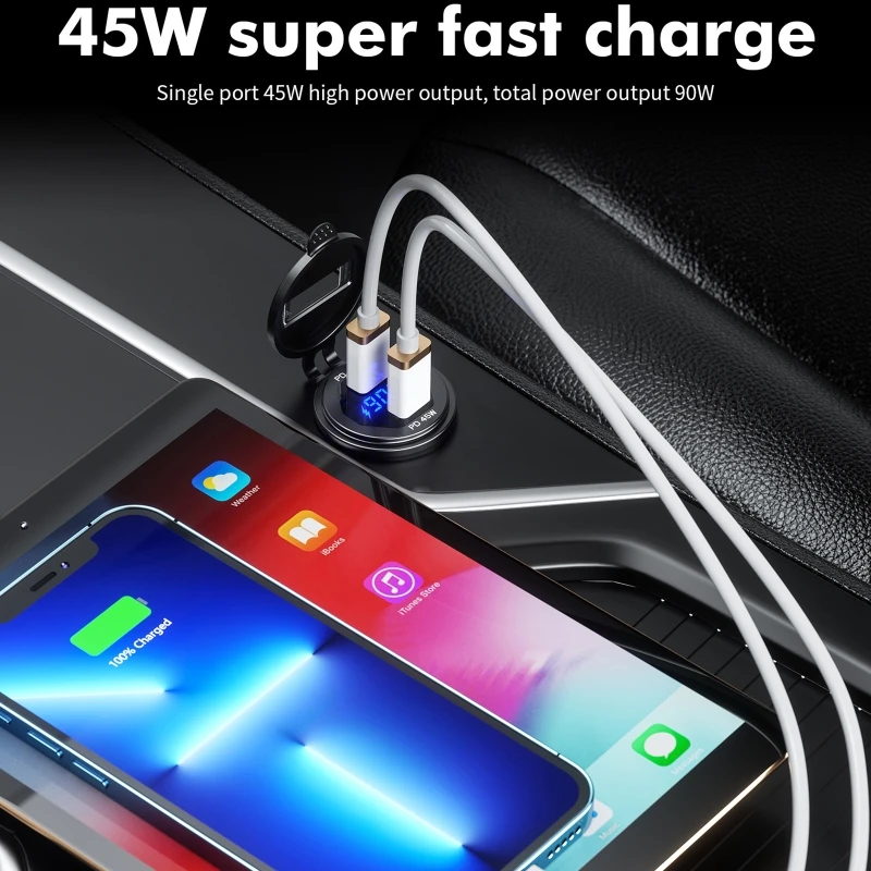 Dual 45W Metal USB C Type C PD Fast Car Charger with Voltage/Power Display for SUV Motorcycle Truck Boat Bus RV ATV smile