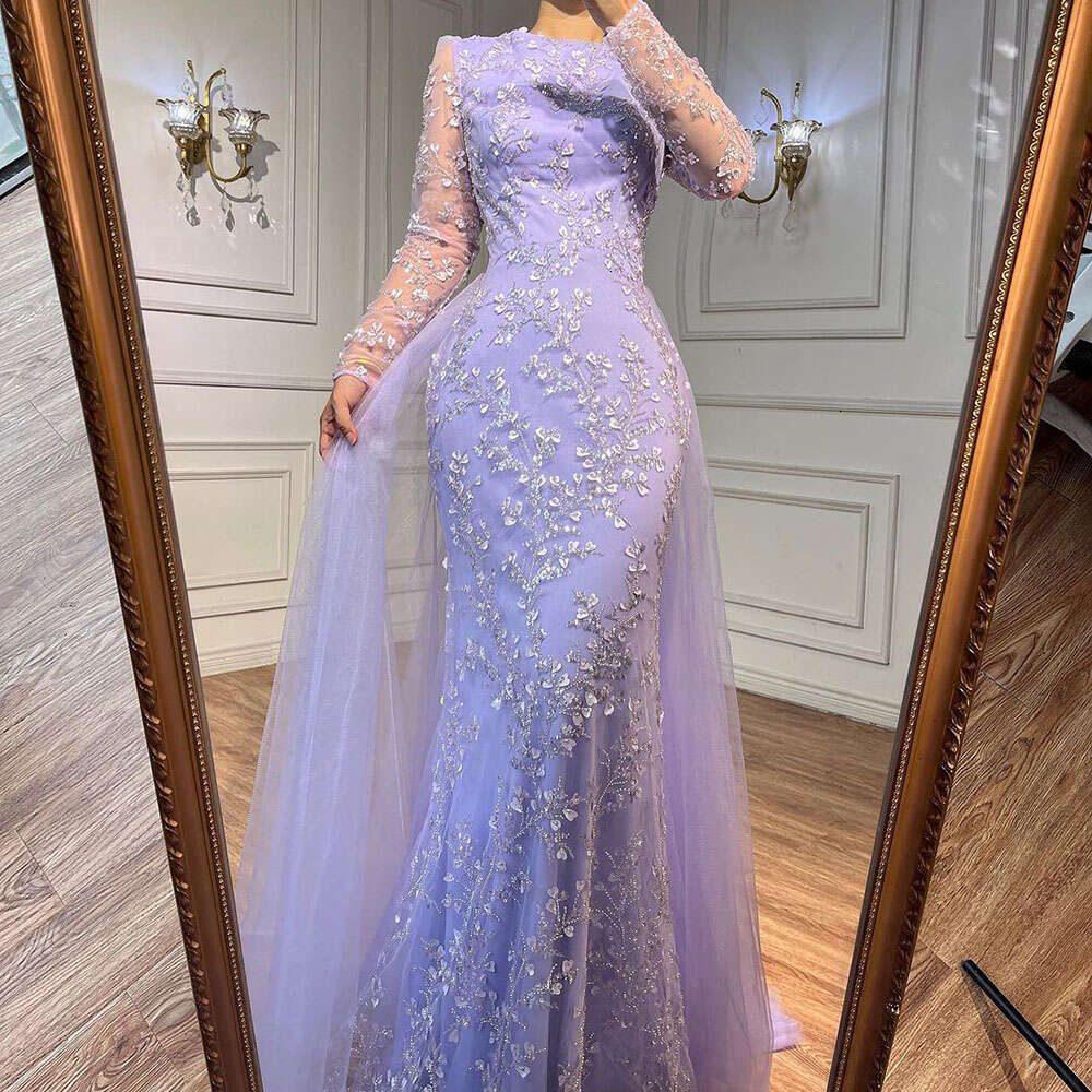 Blue Mermaid Customized Elegant With Train Beaded Arabic Evening Dresses Gowns For Women Party
