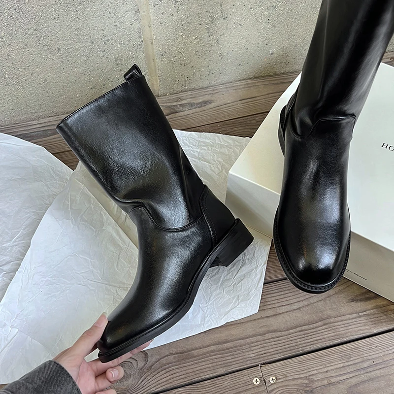 JOZHAMTA Size 34-40 Short Boots Genuine Leather Casual Soft Chunky Heels Shoes For Women Winter 2023 Black Mid Calf Boot