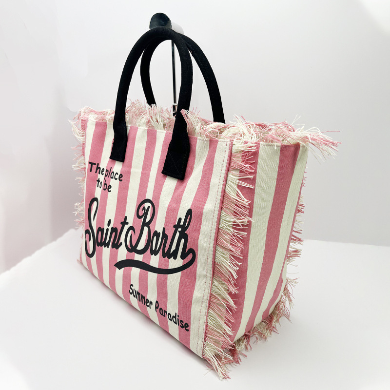 New European And American Women's Large Capacity Casual Travel Canvas Striped Handmade Tassel Handbag Tote Bag MASA