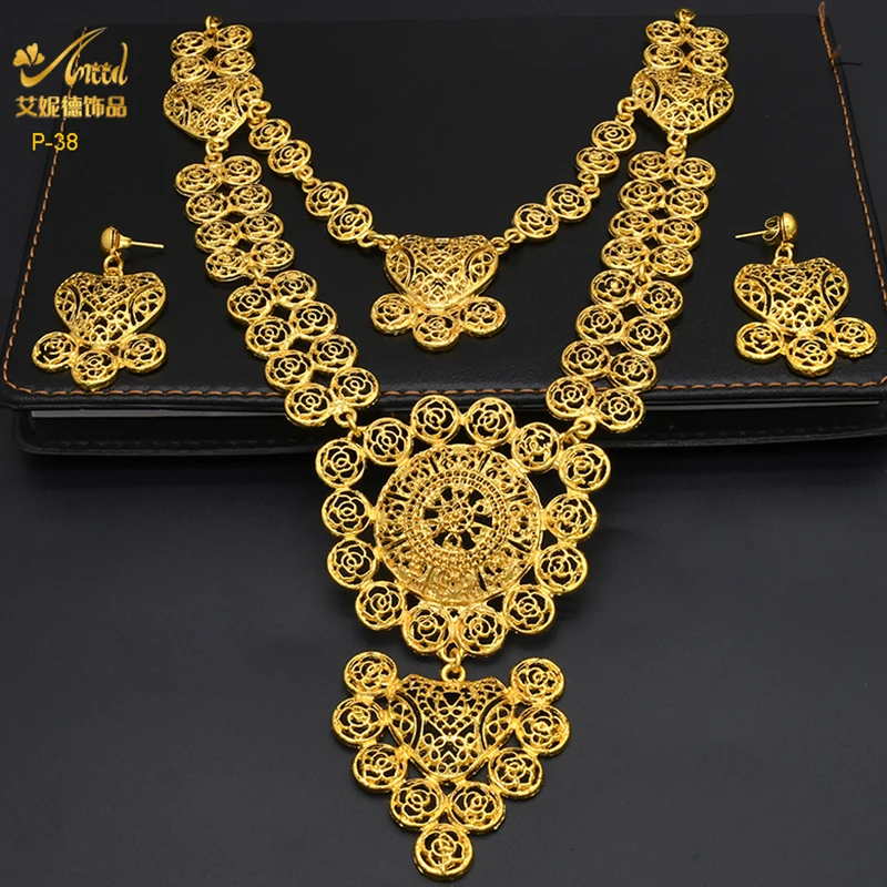 Gold ANIID Dubai Plated Jewelry Sets Wedding African 2PCS Necklace Earrings Set For Women Nigerian Indian Bridal Party Gifts smile