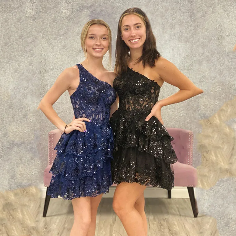 Doymeny Lace Sequins Appliques Homecoming Dresses One Shoulder Women 2025 Midi tail Party Gowns Prom Teen Formal new Vestido De
