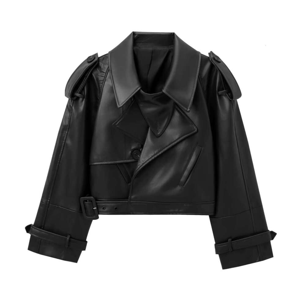 shanshi leather jacket women Women's autumn/winter fashion show silhouette shoulder motorcycle style lapel leather jacket