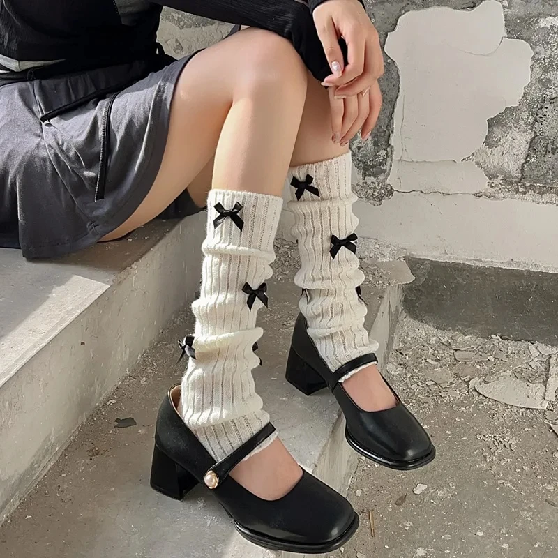 Women's Socks Winter Warm Japanese Style Cute Lolita Warm Feet Cover Kawaii White Bow Tie Warm Knitted Socks ddmysmile Warmers Accessories Smile