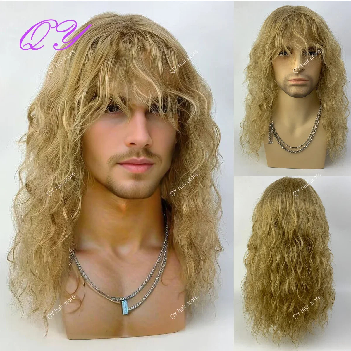 Synthetic Mens Wig Long Brown Natural Curly Rock Man Wig With Bangs Party Or Cosplay Adjustable Water Wave Male Hair Wig 241108