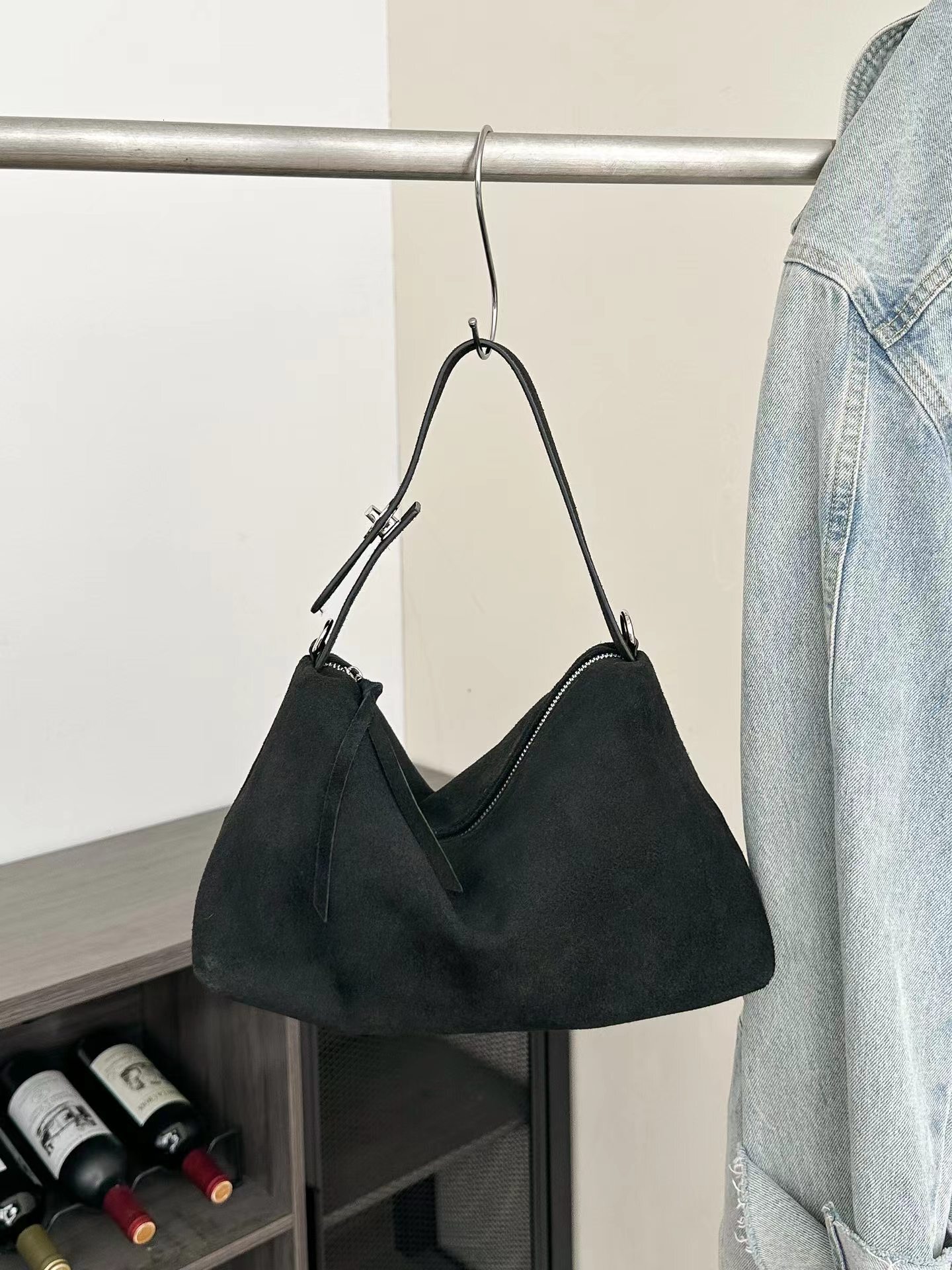 Fashion Autumn Winter Big Boston Tote Soft Matte Suede Cow Leather Women's Handbag Shoulder Crossbody Bag For Women Grey Brown Zipper Style BagVo