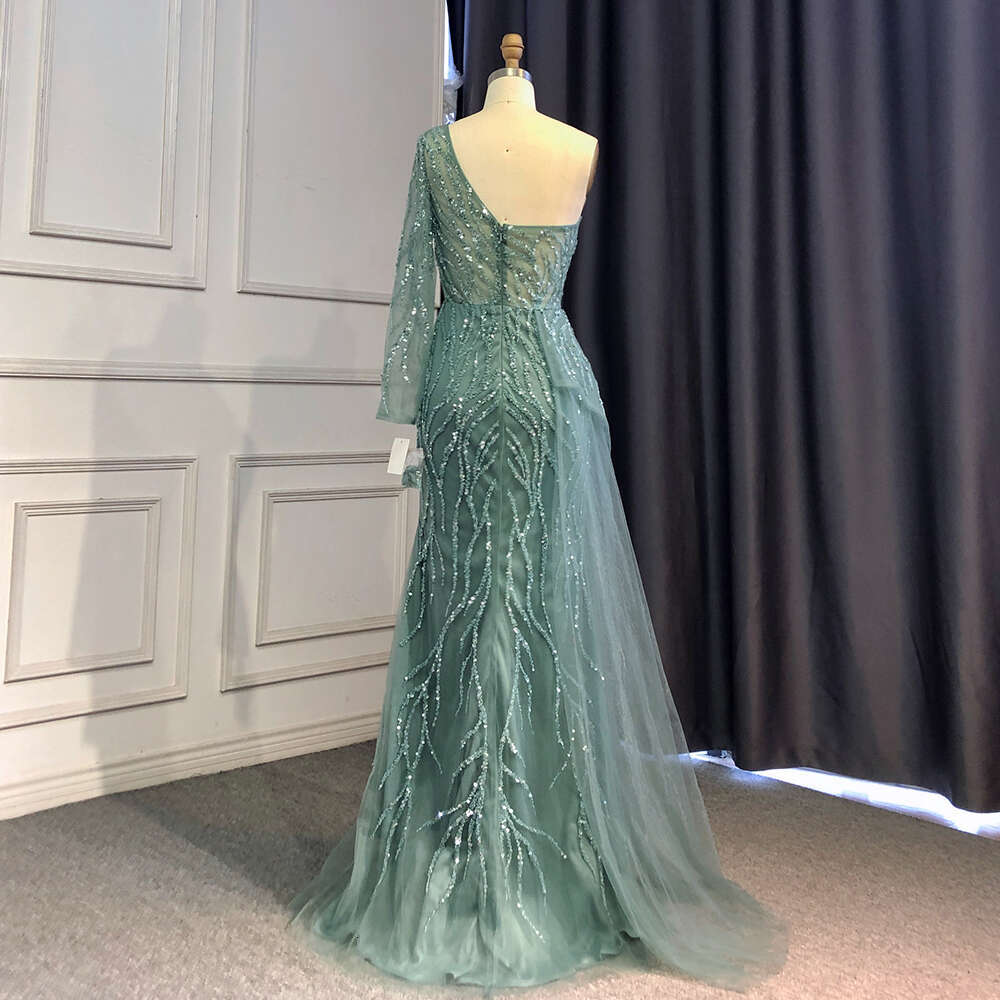 Turquoise Serene Hill Mermaid Split Evening Dresses Gowns Sexy One-Shoulder Beaded Overskirt For Party La71520 Customized