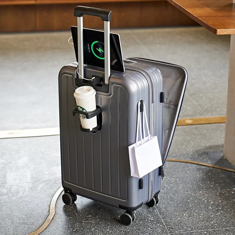 Carry On Luggage,PC Hardside Suitcase with Front Pocket, USB Charging Port,Spinner Trolley for Luggage with Locks water cup hold