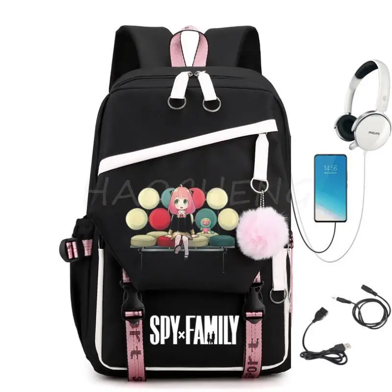 Backpack Family SPY X USB Charge ddmysmile Pink Travel Canvas Student Backpack Anya Forger Schoolbags For Teens Boys&Girls Mochilas Smile