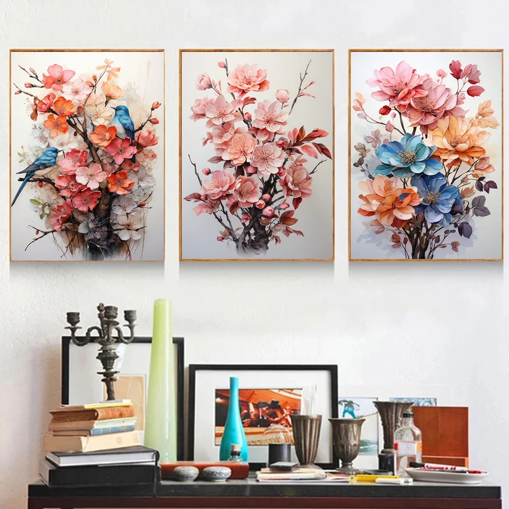 Bird Peach Blue Cute Blossom Flowers 3D Art Canvas Printed Wall Mural Posters Animal Ideal Living Room Modern Home Decor Cuadros smile