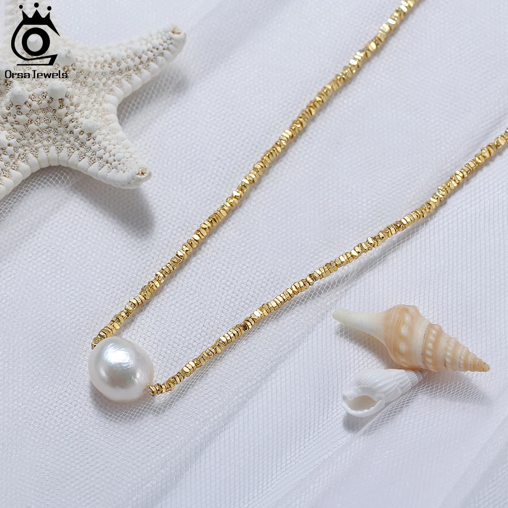 14K Gold JEWELS ORSA Sterling Sier Net Chain Necklace with Exquisite 11mm Freshwater Pearl for Women Jewelry GPN36 smile