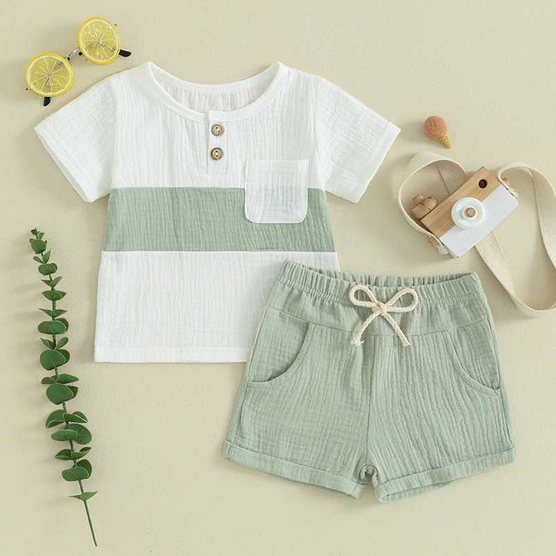 Clothing Sets Mama s sunshine Summer Baby Boy Clothes Muslin Short Sleeve Contrast Color Tops Solid Color Shorts Sets Outfit