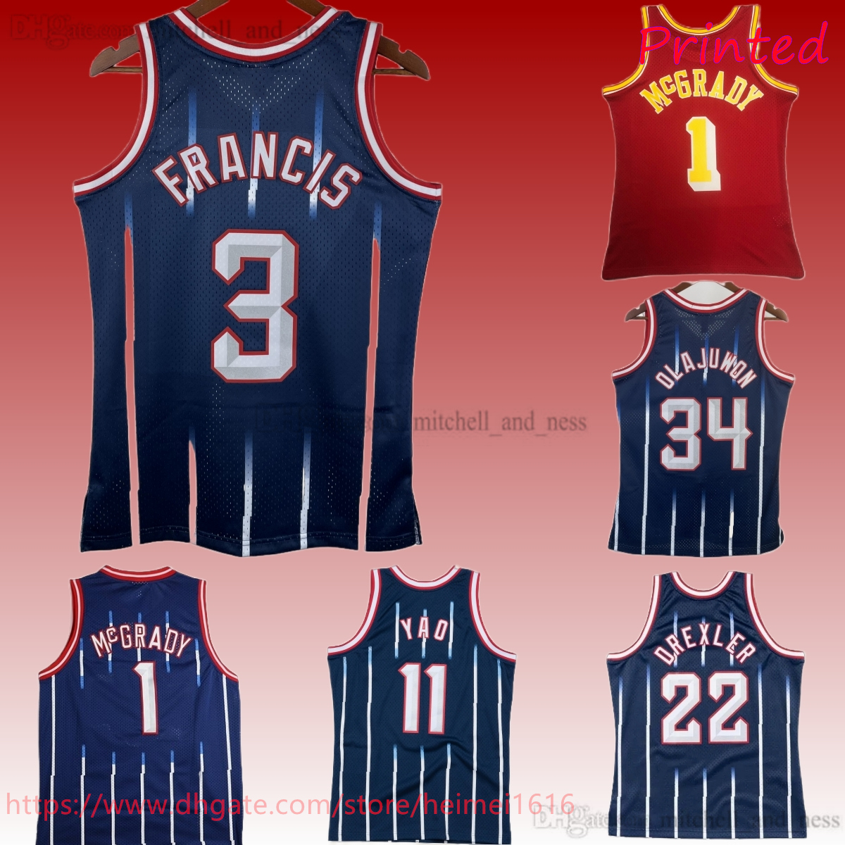 M&N Printed 2004-05 Classic Retro Mesh 1 Tracy McGrady Jersey Throwback Basketball 3 Steve Francis 34 Hakeem Olajuwon 11 Yao 22 Clyde Drexler Breathable Sports Shirt