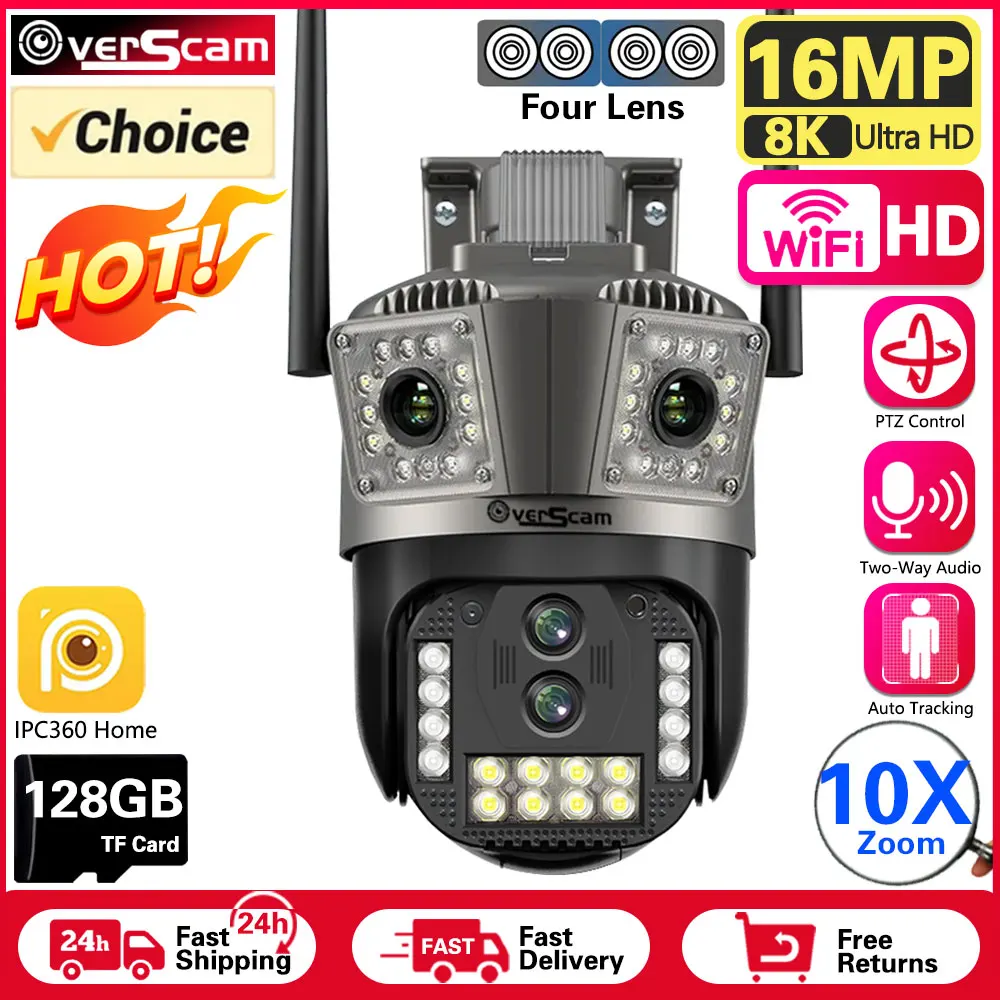 16MP 8K WiFi IP Camera 10X Zoom 4K Outdoor Security Camera Surveillance Auto Track Four Lens Three Screen Street Camera 360° PTZ