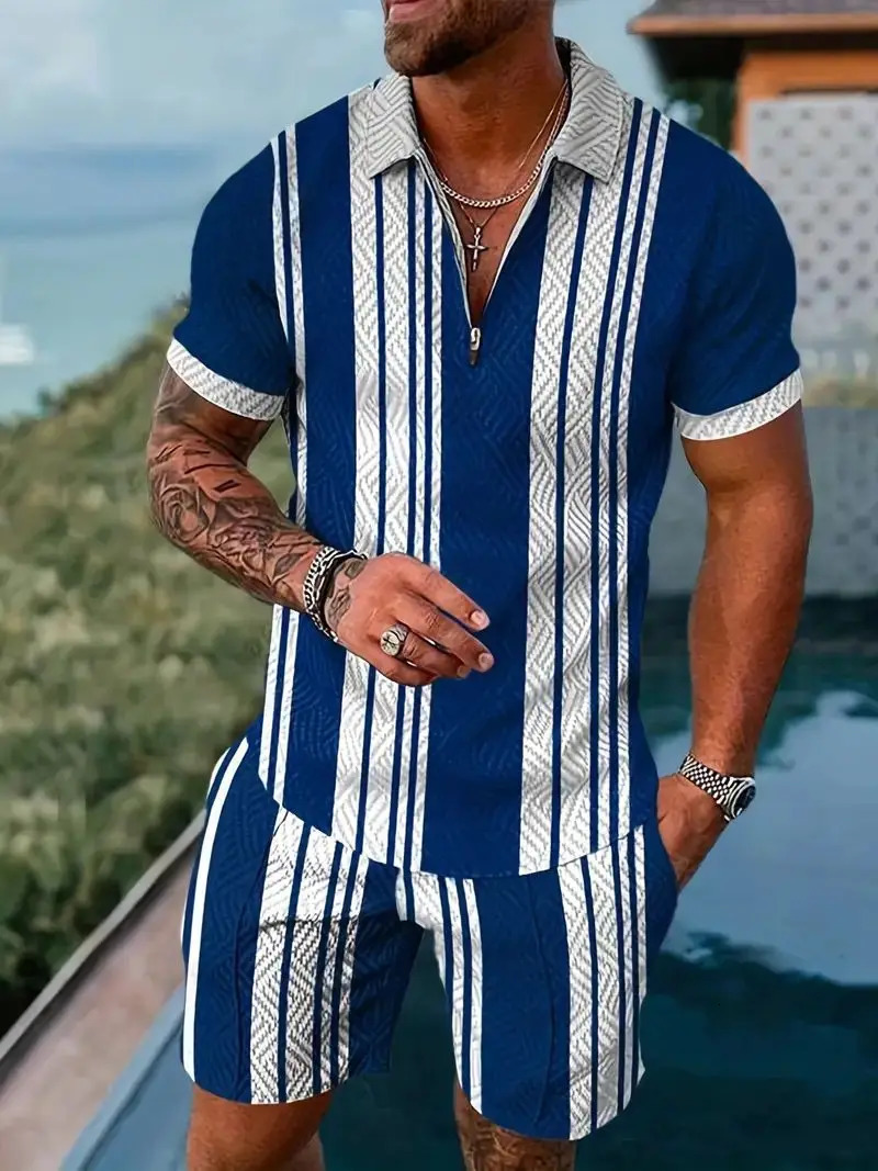 mens summer sports vacation set street leisure beach clothing 3D plaid patchwork short sleeved POLOshorts 2piece 240409