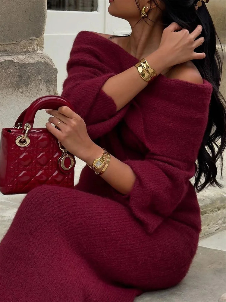 Tossy Winter Knitwear Sweater Long For Women Off-Shoulder Loose High Waist Slim Elegant Fashion Knit Ladies Dress 241108 C260312