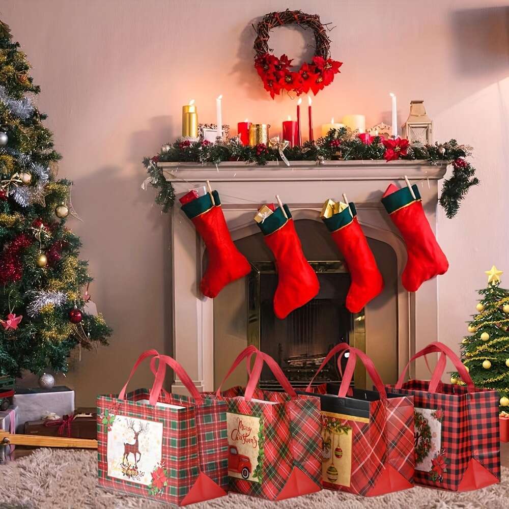 Christmas 8pcs Handbags with Handles, Snack Multifunctional Non-woven Bags, Used for Gift Packaging Shopping, Christmas Party Supplies,