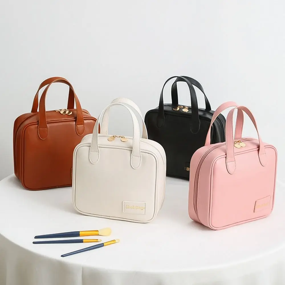 Bags PU Handheld Cosmetic Leather Simple Portable Small Square Bag Makeup Pouch Travel Toiletries Storage Handbag smile