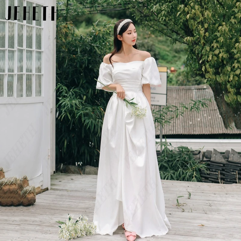 JEHETH Boat Neck Pleat Korea Bridal Gowns Women Satin Puff Sleeves Wedding Dresses Simple A-Line new 2025 Sweetheart Vestidos De Novia