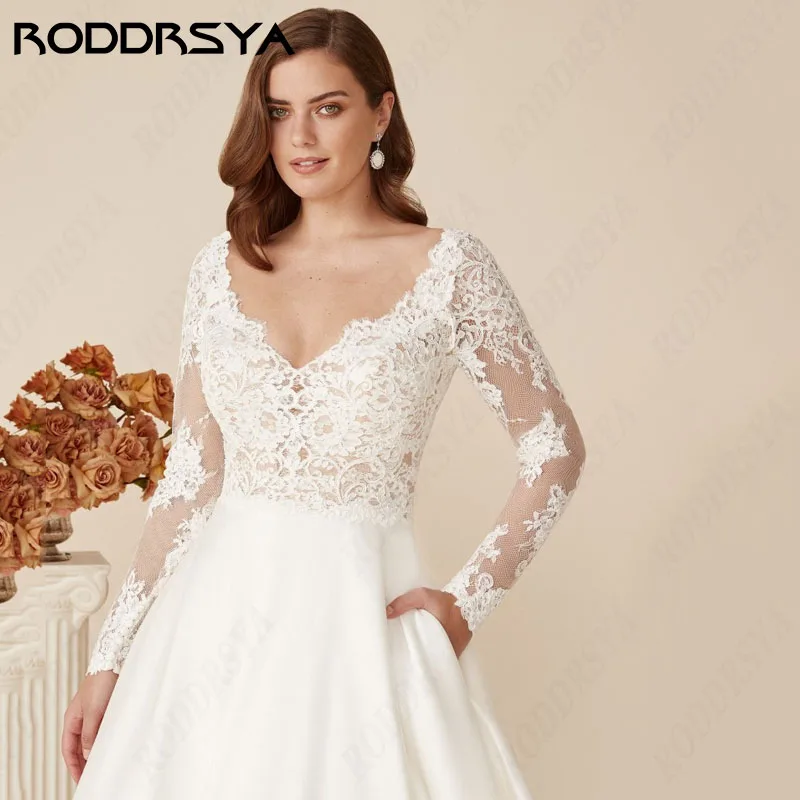 Lace RODDRSYA Sleeve Long A-line Wedding Dresses Simple Satin Sweep Train Insertable Pocket vestidos de novia Elegant V-Neck smile