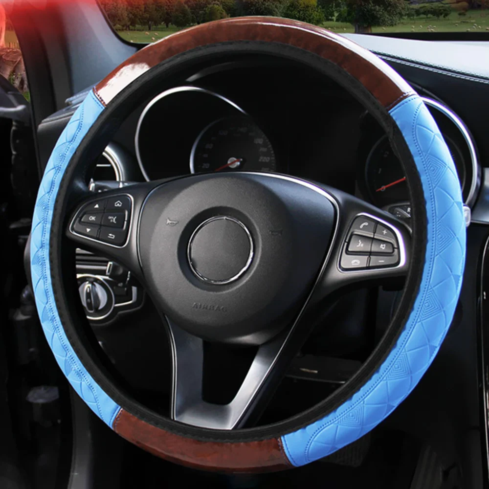 Steering PU ddmysmile Covers Leather Interior Accessories Car Steering Wheel Cover Wooden Pattern Smile