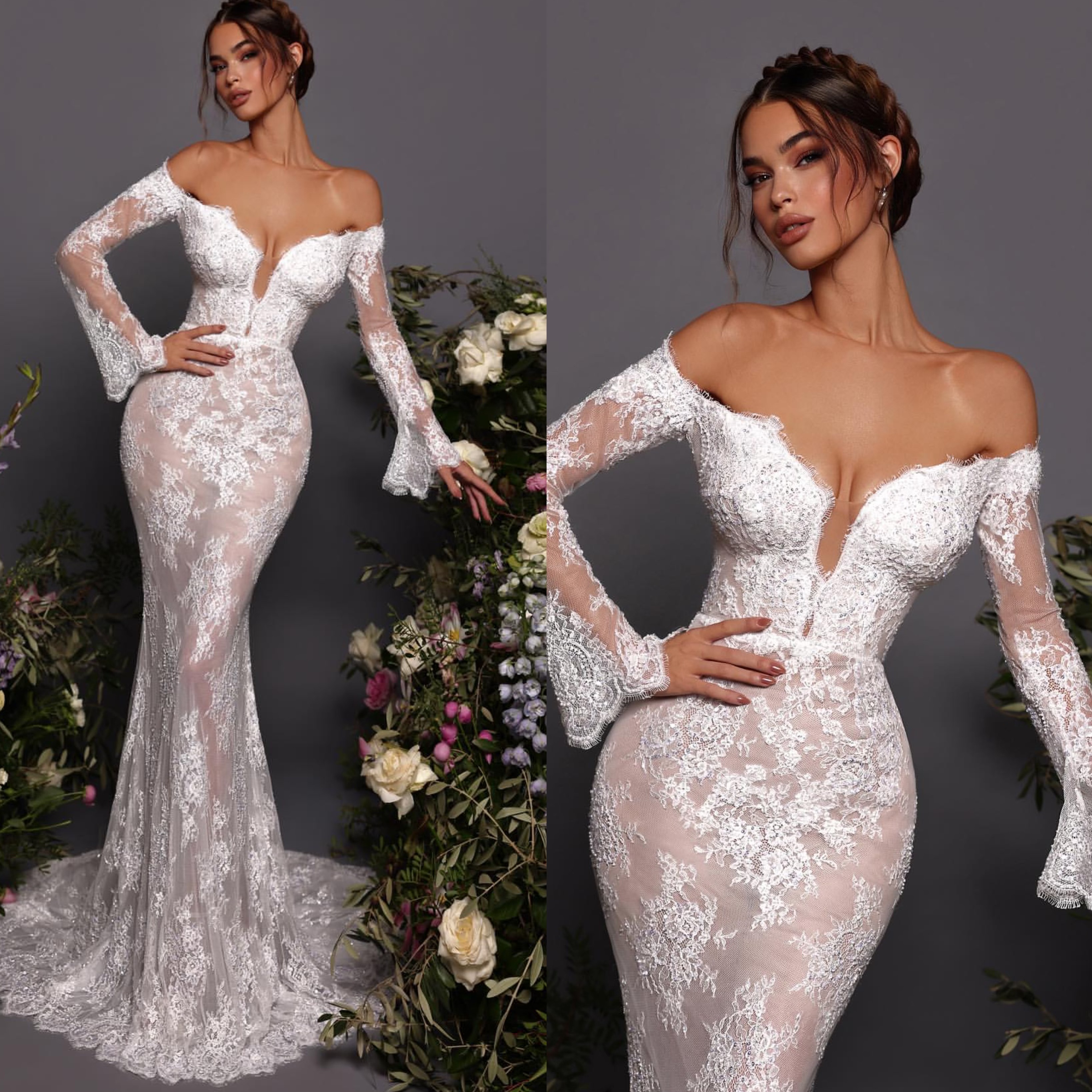 Garden lace Mermaid Wedding Dress for off shoulder long sleeves wedding dresses Bridal Gowns backless designer bride dress