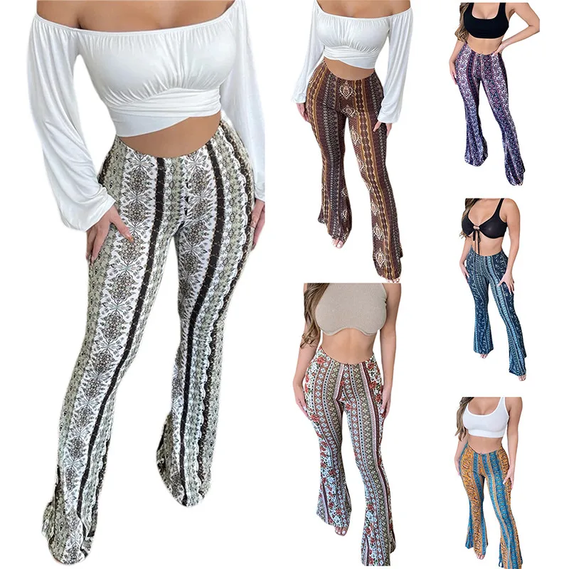 Flare Pants Boho Women High Waisted Stretch Bell Bottom Yoga Pants Hippie Flared Leggings 70s Wide Leg Palazzo Pants Trousers smile