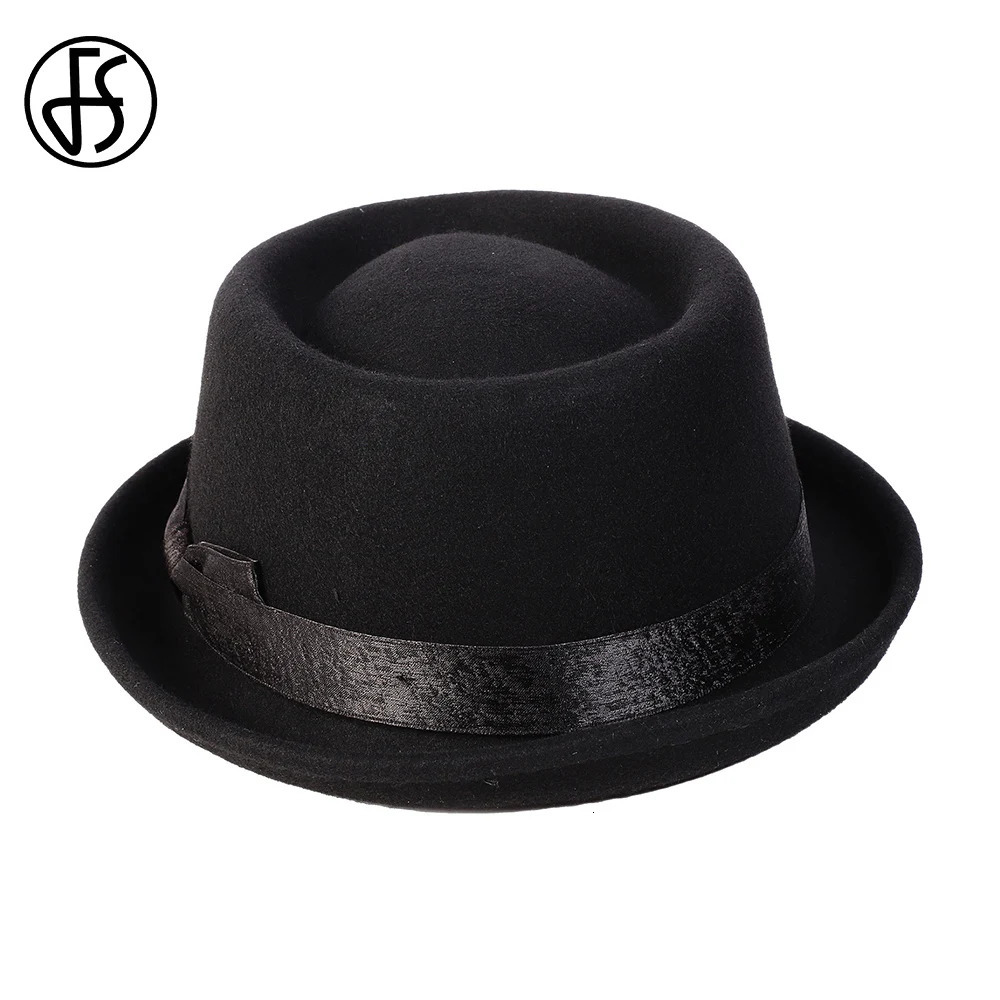 FS 2024 Black Pork Chop Hat Wool Felt Bow Mens Fedora Jazz Hat Church Panama Gangster Hat Mens Fashion Pigskin Hat 241108