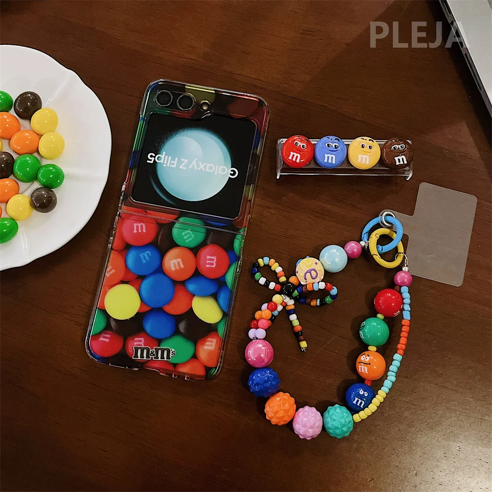 Hinge Korean Cute Chocolate Case ddmysmile For Samsung Galaxy Z Flip 5 4 3 Flip3 Flip4 Flip5 Zflip5 With Candy Beads Bracelet Chain Cover Smile