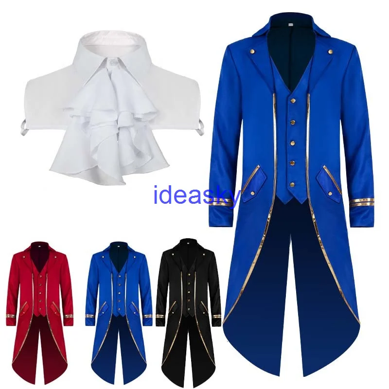 Costume Classic Medieval Men Jacquard Stand Collar Larp Viking Cosplay Jacket Coat Fake collar Victorian Renaissance Clothing smile