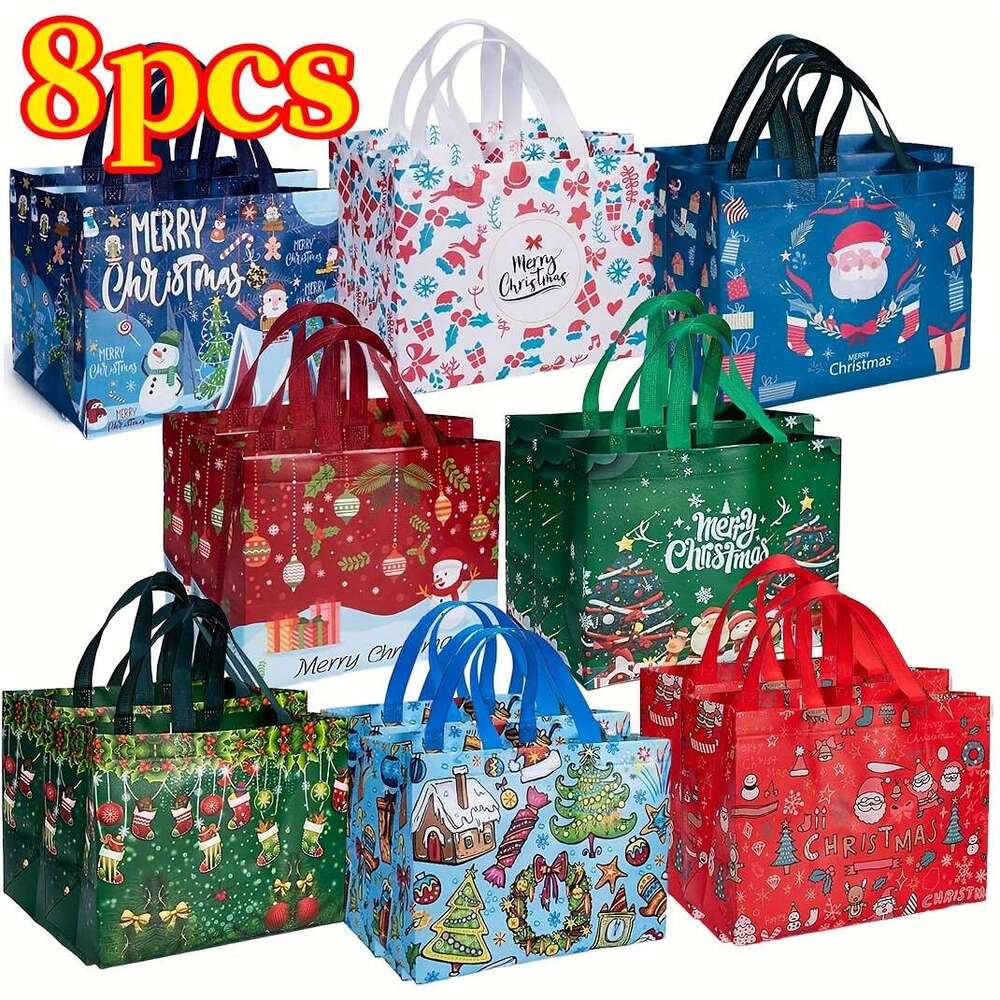 Christmas 8/16pcs Large Gift Tote Bags with Handles, Reusable Non-Woven Shopping Bags, Suitable for New Year, Christmas Decoration Party Supplies