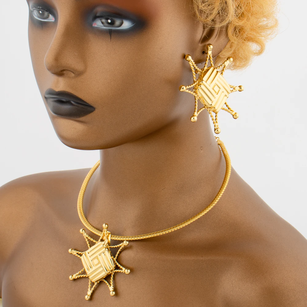 Women for Jewelry Set Hollow Pendant Arab Dubai Gold Plated Earring Necklace Bracelet Ring Wedding Bridal Bride Gift smile