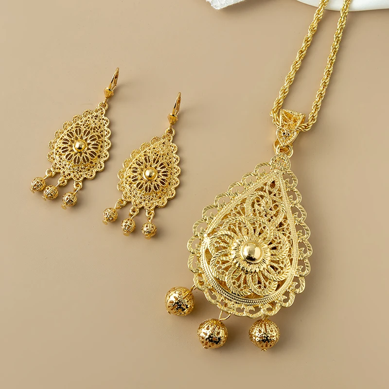 Hollow Algerian Flower Women's Design Metal Earrings Necklace Jewelry Set Arab ddmysmile Women's Wedding Smile