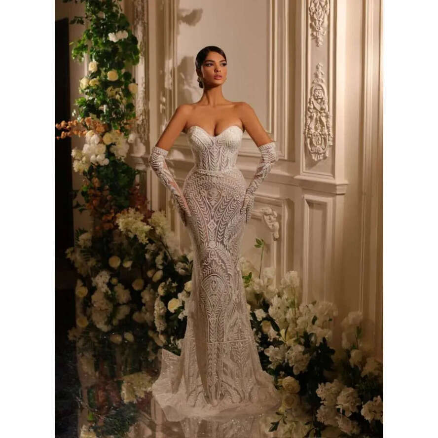 Sweetheart Romantic Neck Dress Sparkly Beads Appliques Evening Bride Elegant A E Long Bridal Gown Robe De