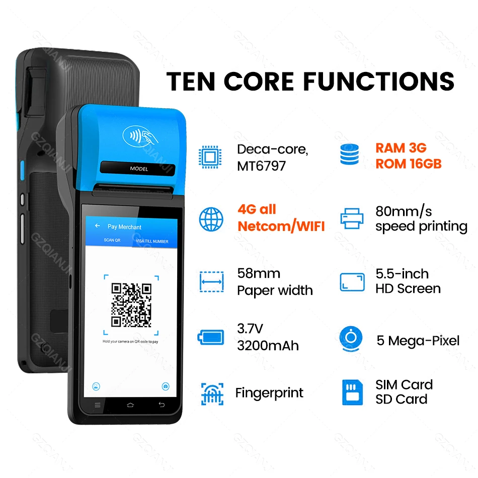4G 5.5 Inch Handheld POS PDA Portable Android Terminal with NFC 2D QR Barcode Scanner Reader 58mm Thermal Printer for Loyverse