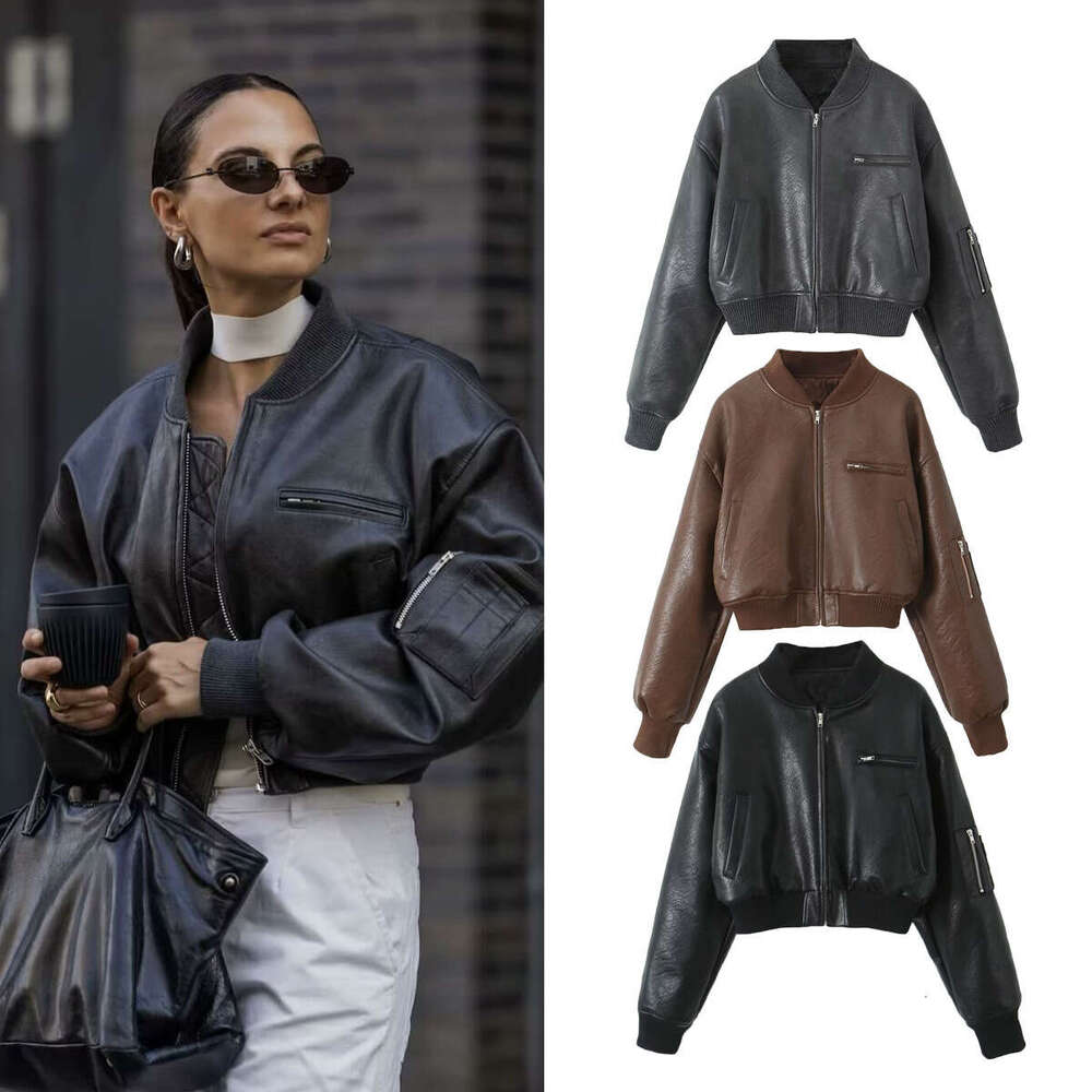 shanshi leather jacket women American Zipper Jacket for Women 2024 Winter New Collection with Cotton Warmth, Loose Long Sleeve PU Leather Coat, Trendy