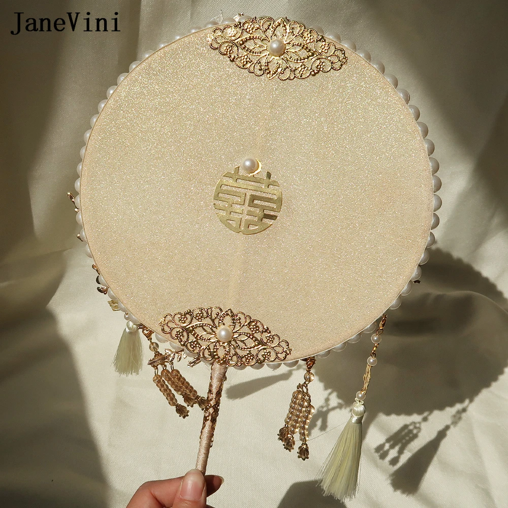 ddmysmile Gold Pearls Janevini Beaded Wedding Fan Lace Flowers Chinese Bridal Hand Fan Ancient Tassel Bride Bouquet De Mariage Smile