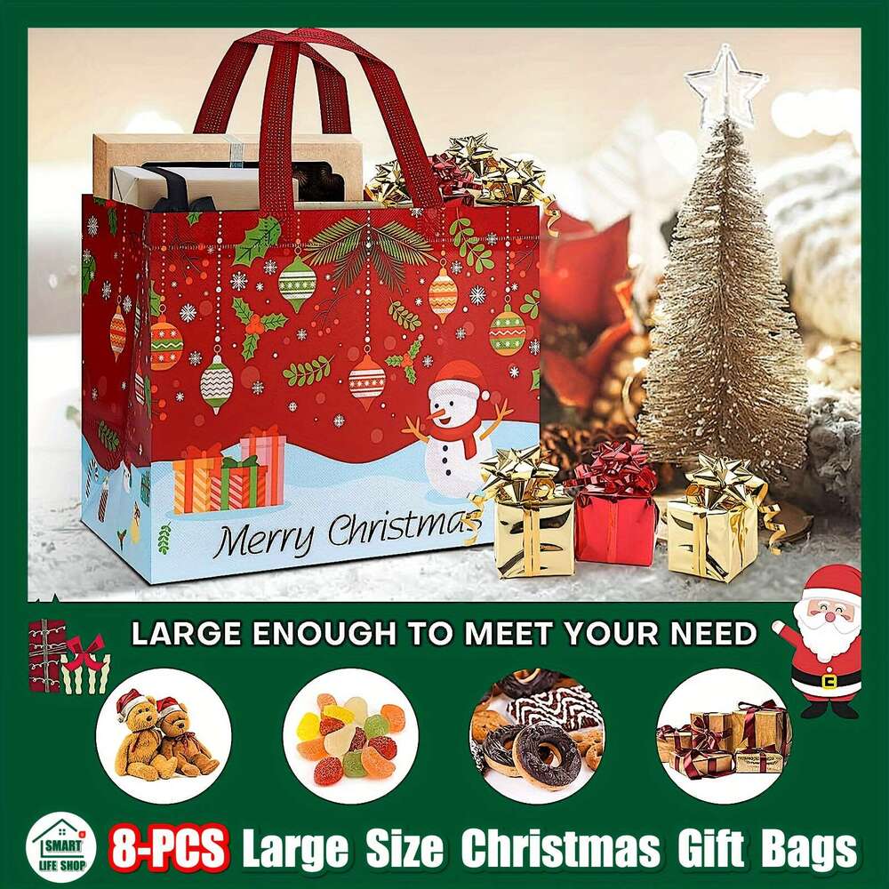 Christmas 8pcs Christmas - Reusable, Waterproof, Reinforced Handle Tote Bags for Grocery Shopping and Gift Giving