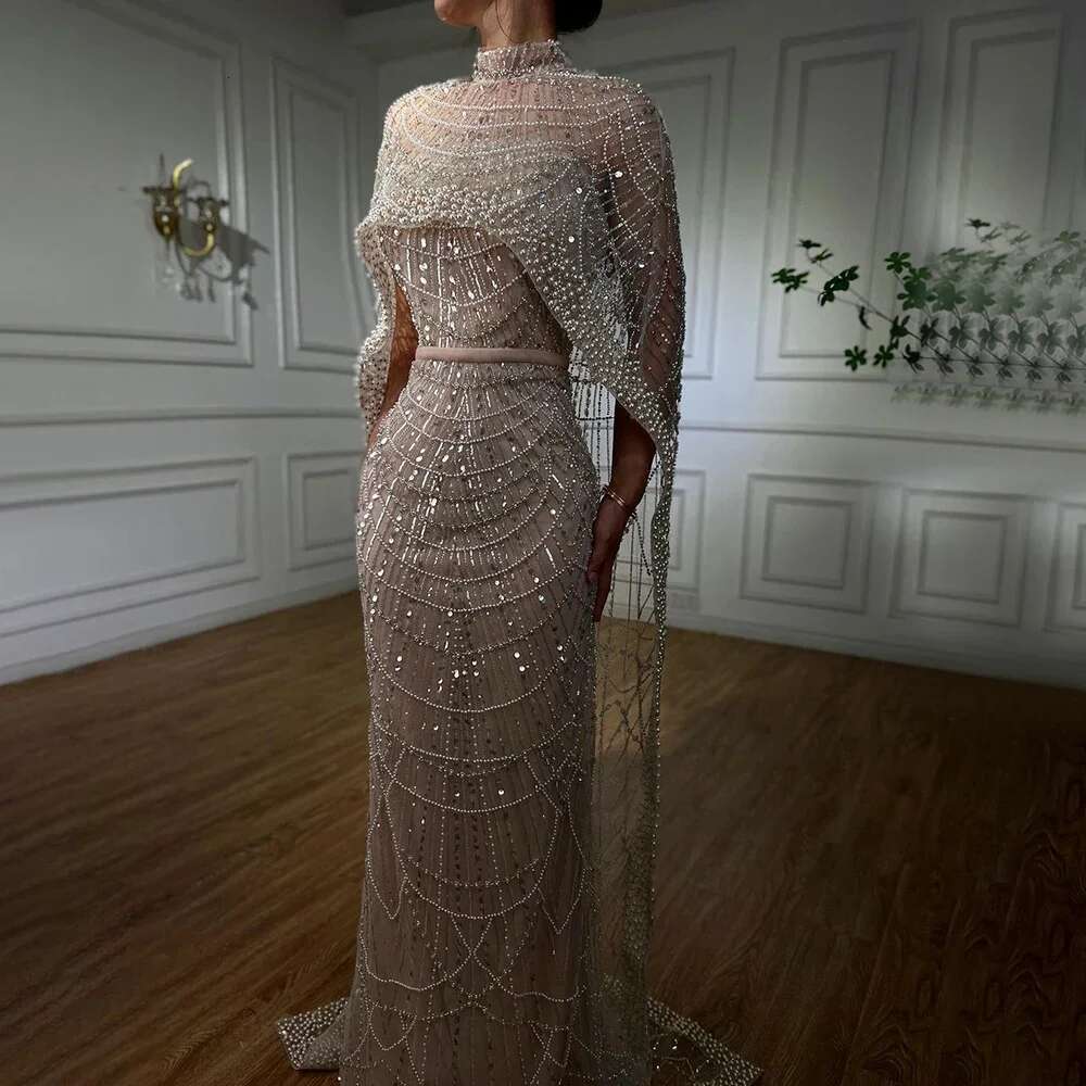 Mermaid Arabia Nude Long Cape Evening Dresses Gowns For Formal Ocn LA Customized mal