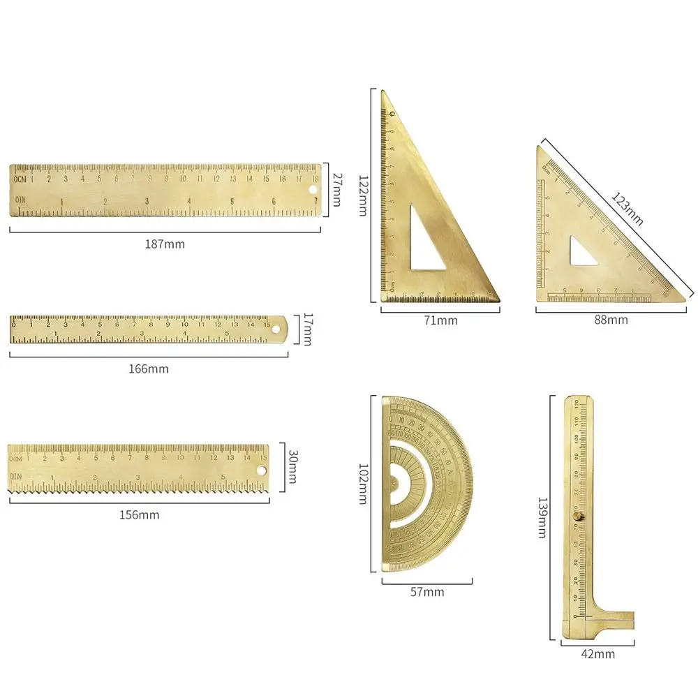 Brass Straight Tool Measuring Ruler Gold Bookmark ddmysmile Stationery Painting Drawing Tools Vintage Metal Triangle Ruler Protractor Smile