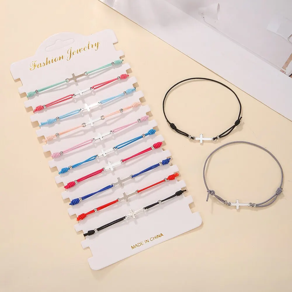 Handmade Knot 12Pcs/lot Cross Charms Knitted Bracelets Set For Women Braiding Adjustable Elastic Wristband Jewelry Accessories smile