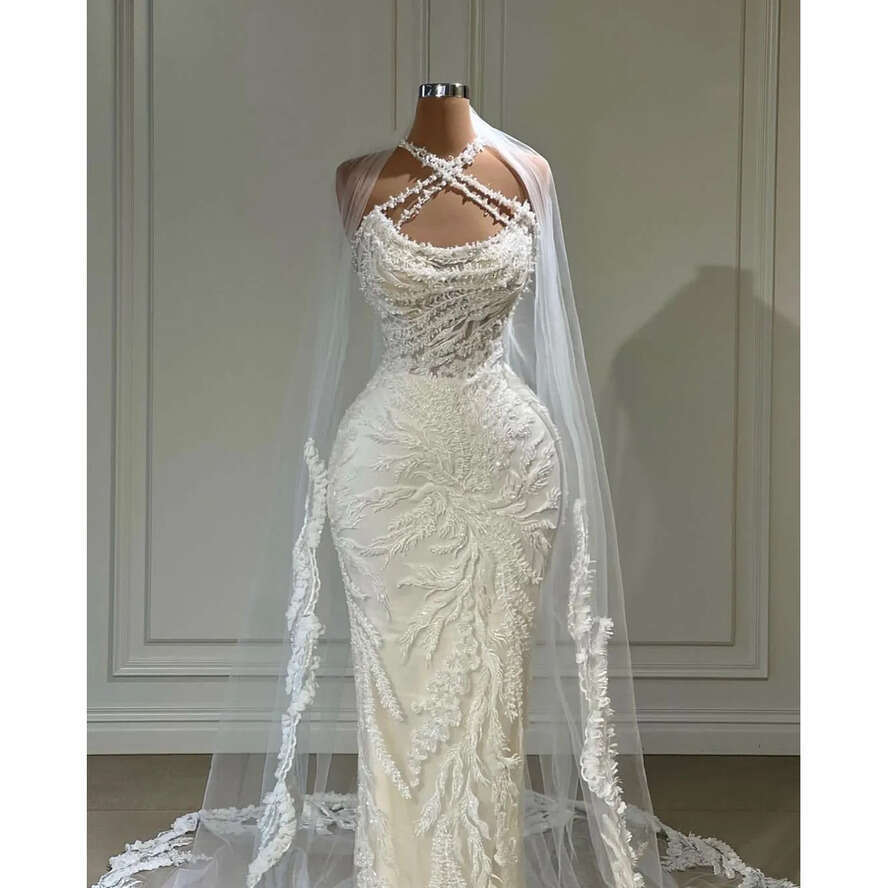 Mermaid Elegant Wedding Dresses Sleeveless Bateau Straps Halter Beaded Sequins Appliques D Lace Dias Bridal Gowns Plus Size Vestido De Novia Custom