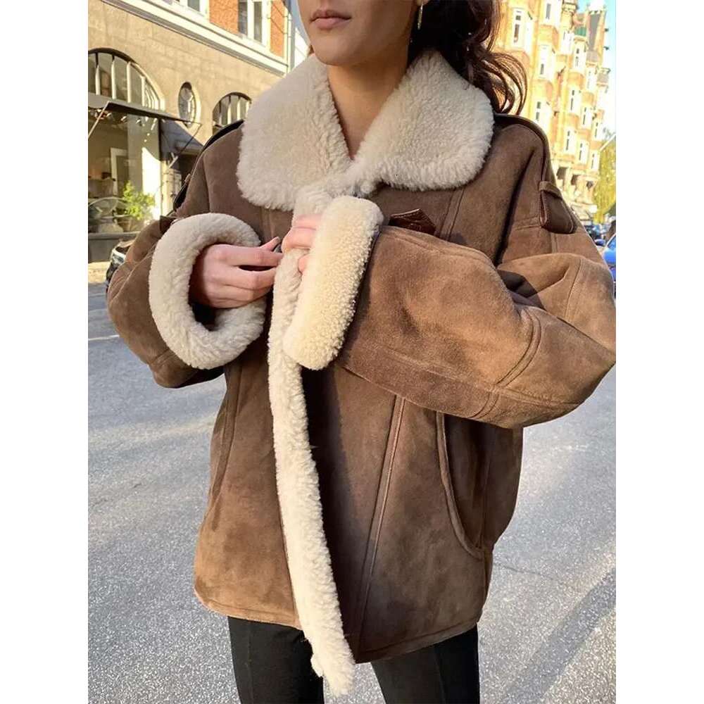 Women Lamb Wool Single Breasted Suede Jacket Elegant Long Sleeves Lapel Thicken Cropped Coat Fashion Ladies Commute Outerwear
