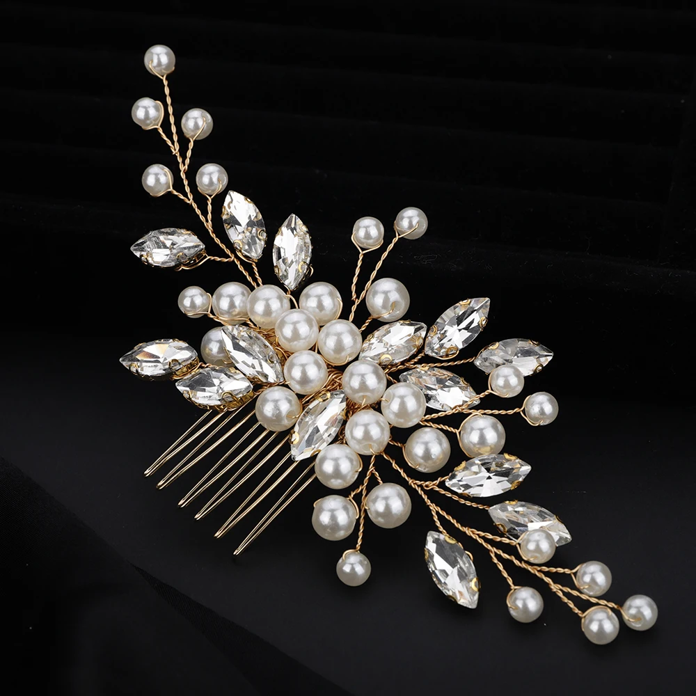 Rhinestone Wedding Hair Trendy Comb Sier Gold Pearl Bridal Headpiece Bride Party Head Accessories Jewelry Handmade Women Tiara smile