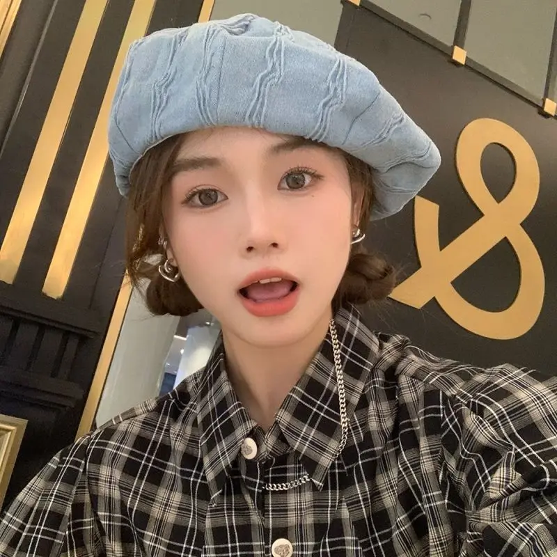 Niche Y2k Pleated Women's Denim Beret Big Head Circumference Japanese Painter Cloud Hat ddmysmile Washed Denim Berets Smile