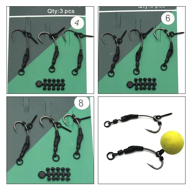 Hook 3PCS Carp Fishing PTEF Coated Barbed Carp Hook Ready Tied Spinner Ronnie Rig Hook Links Hair Combi Chod Rig 4 6 8 smile